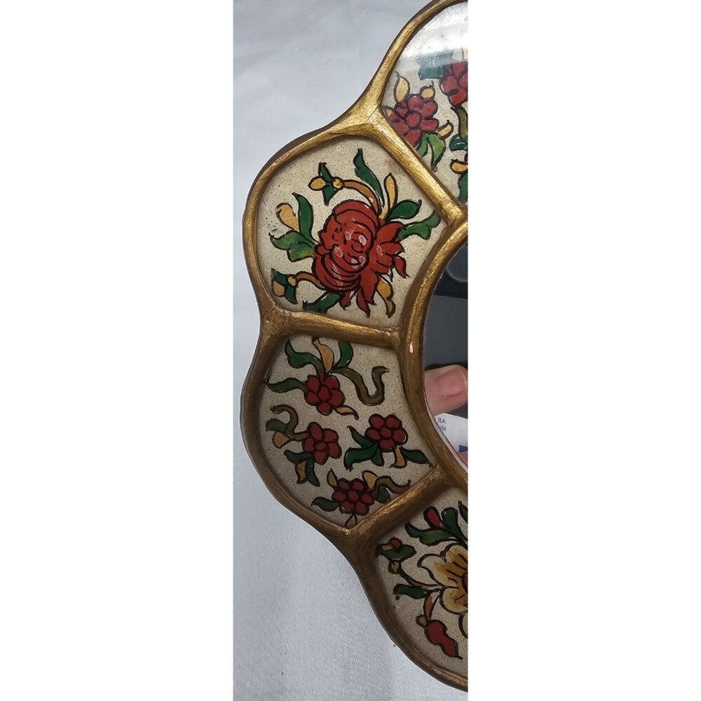 Peruvian Reverse Painted Wall Mirror Glass Handcrafted Peru Floral 6" Victorian - Picture 3 of 10
